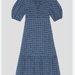 GANNI seersucker smocked plaid checked midi dress blue